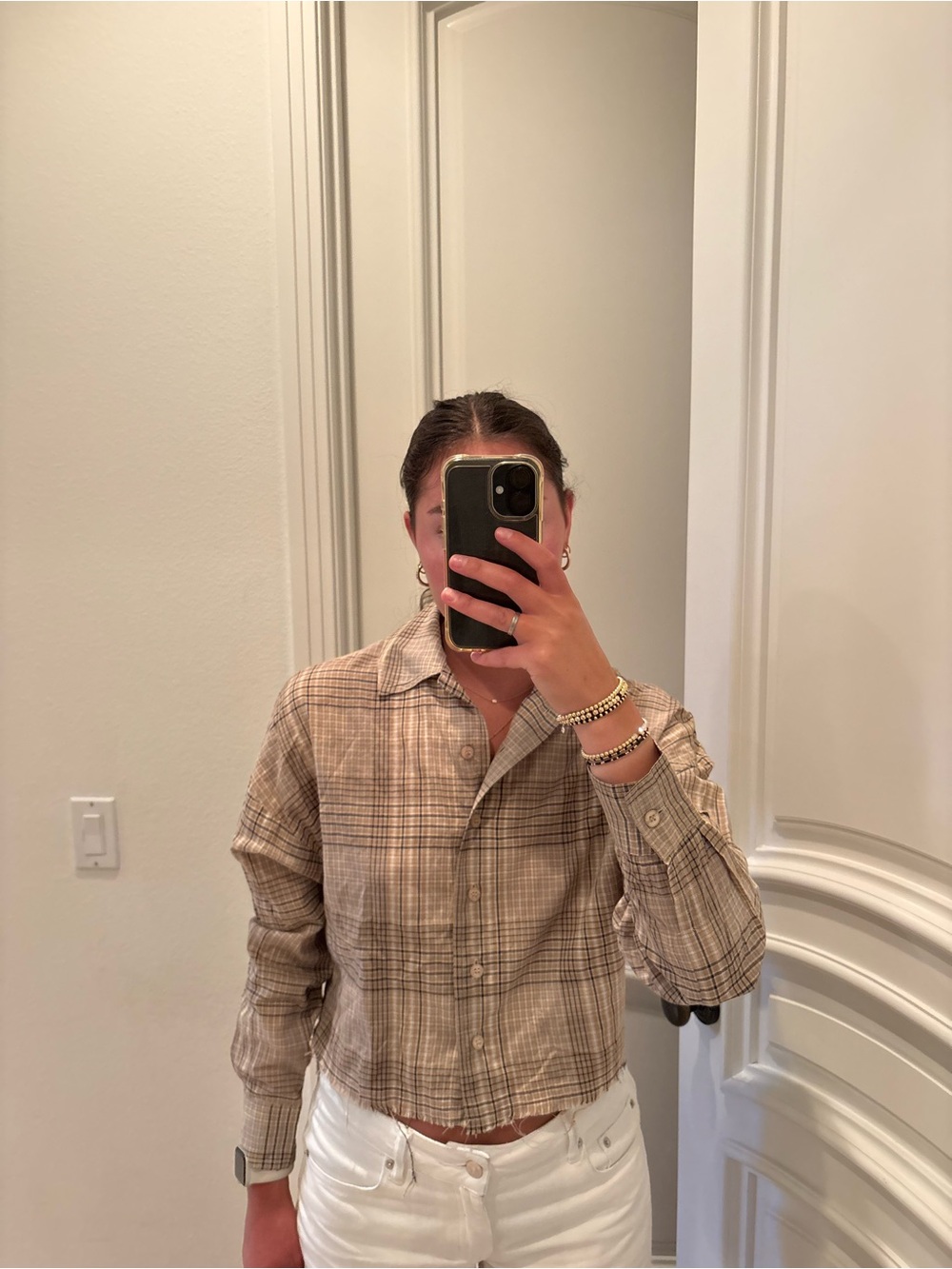 Beige Plaid Button-Down Shirt - Classic Women’s Croppd Shirt
